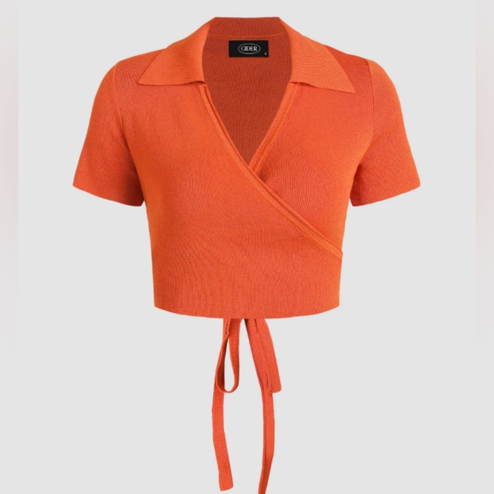 Cider Sz M Tie Wrap V-Neck Open Back Cropped Knit Top in Orange